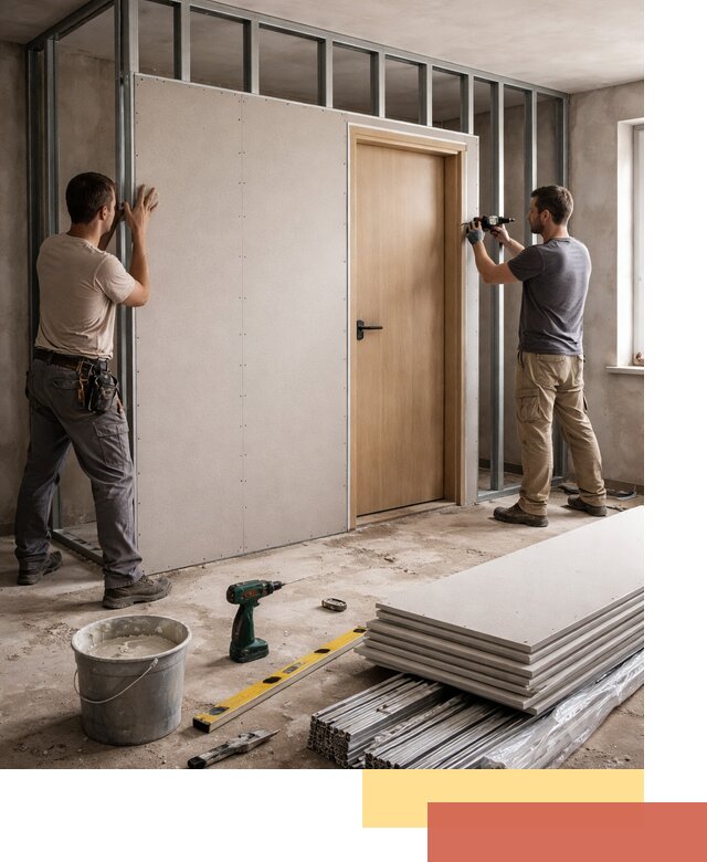 Перегородка из гипсокартона с дверью под ключ в Брянске