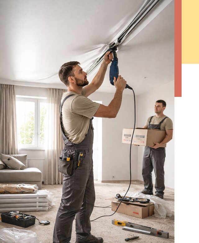 Монтаж сатинового натяжного потолка в Брянске от 3763 руб. | Быстро, недорого — ОТДЕЛОЧНИК-Бнк