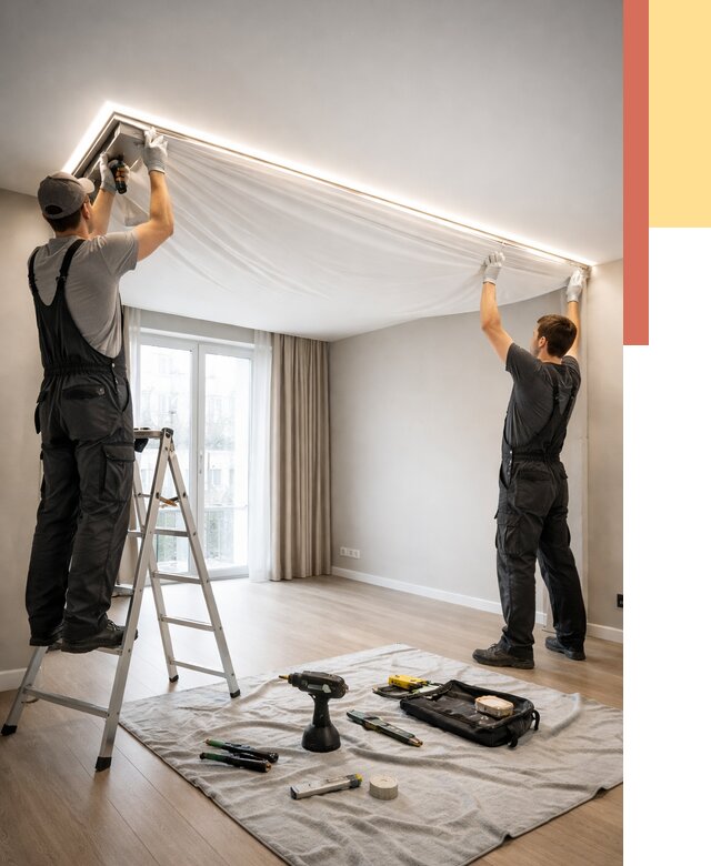 Монтаж парящего натяжного потолка в Брянске от 4838 руб. быстро и недорого | ОТДЕЛОЧНИК-Бнк