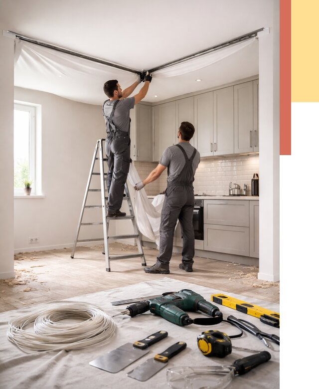 Установка натяжного потолка на кухне в Брянске от 2580 руб. | ОТДЕЛОЧНИК-Бнк