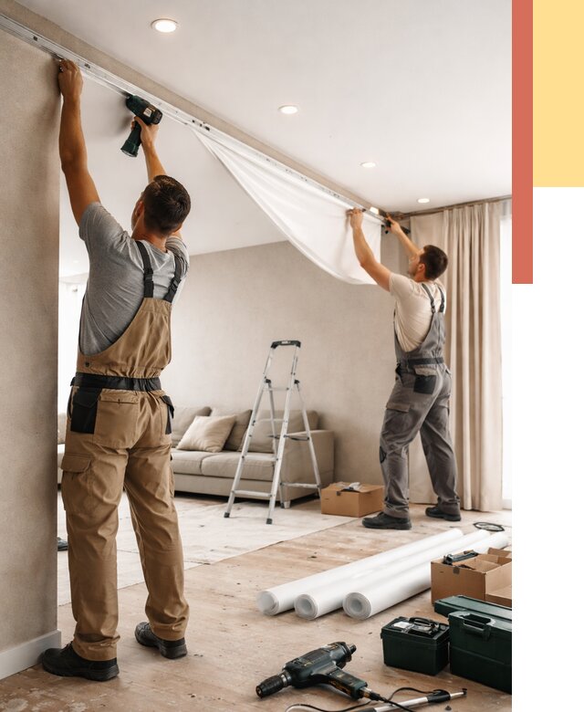 Монтаж натяжного потолка в гостиной в Брянске от 591 руб. | ОТДЕЛОЧНИК-Бнк