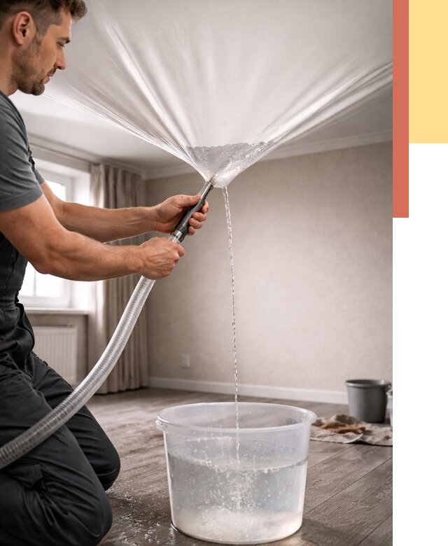 Слив воды с натяжного потолка в Брянске от 2688 руб. быстро и недорого | ОТДЕЛОЧНИК-Бнк