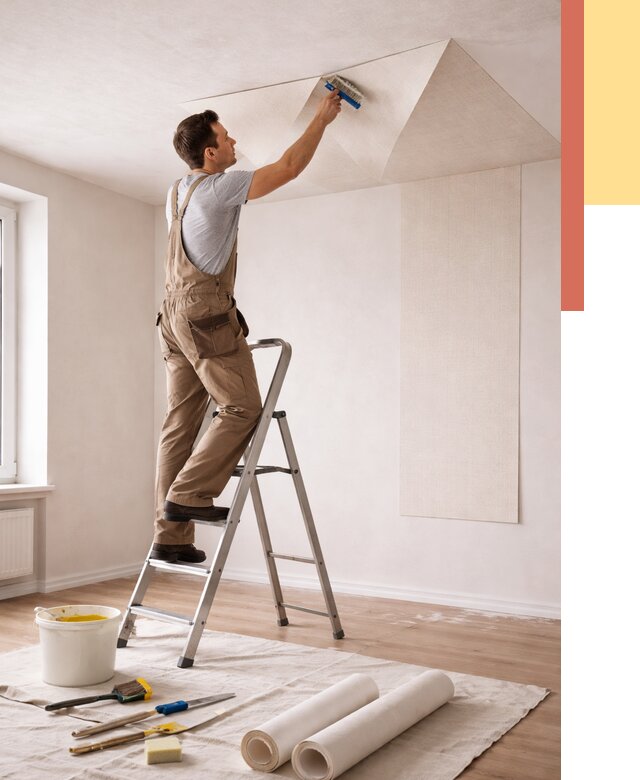 Поклейка обоев на потолок в Брянске от 4838 руб. быстро и недорого | ОТДЕЛОЧНИК-Бнк